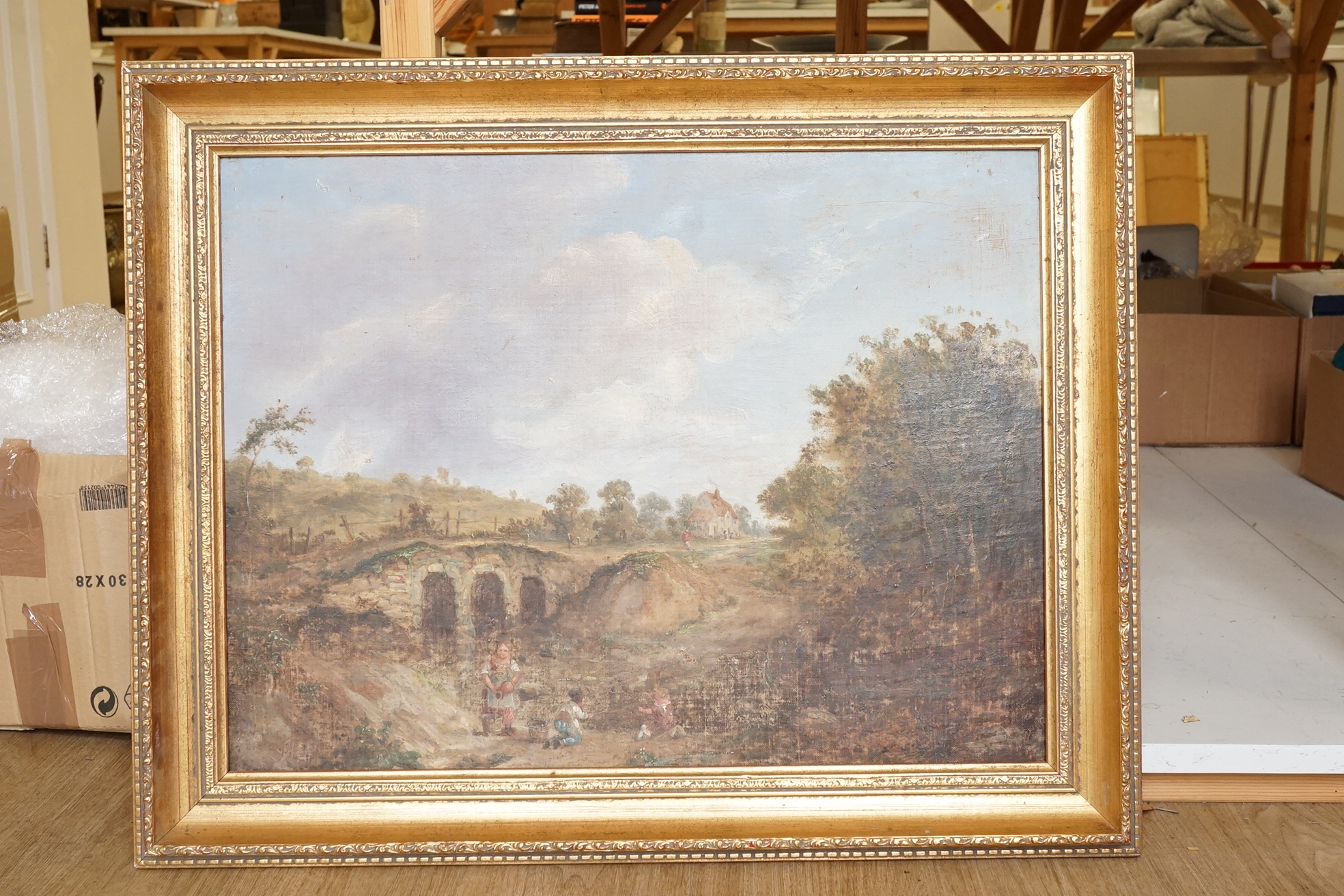 19th century, English School, Riverscape with children fishing, unsigned, oil on canvas, 48 x 64cm, gilt frame